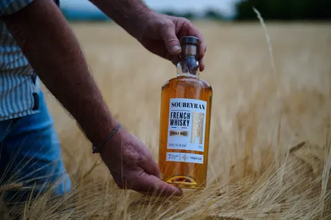 Mains posant une bouteille de whisky Soubeyran dans l'orge mûre